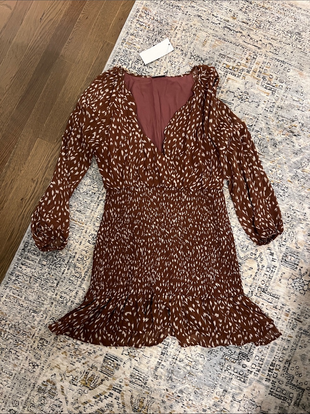 Vici Rust Brown & Ivory Printed Smocked Waist Mini Dress